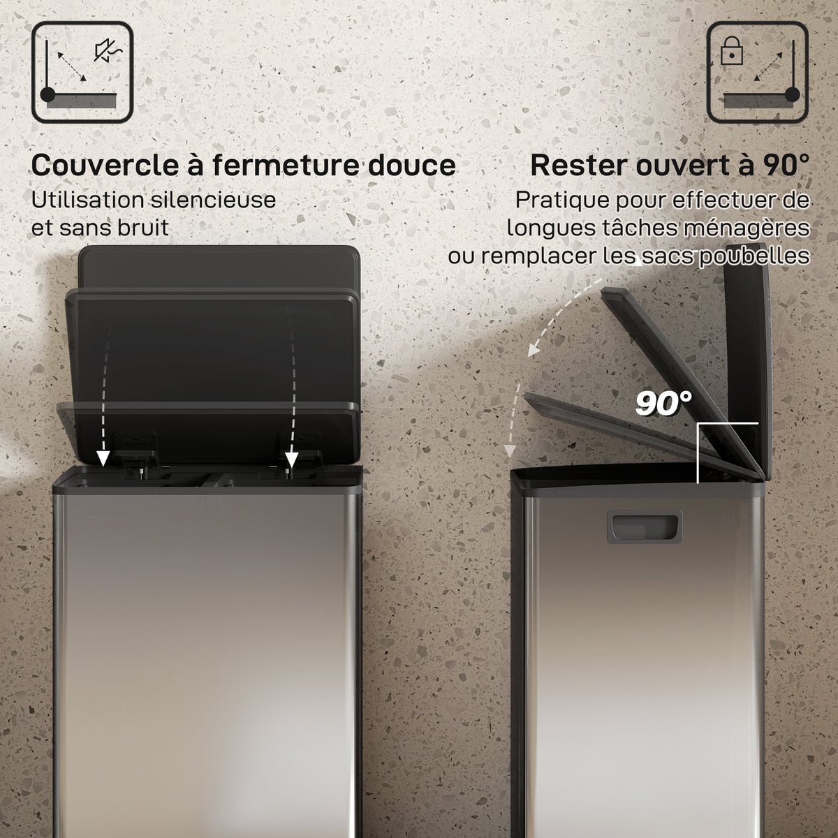 Poubelle à double compartiment 2 x 30L, poubelle cuisine à pédale, couvercle à fermeture douce, 47,5x37,5x67cm, argent-4