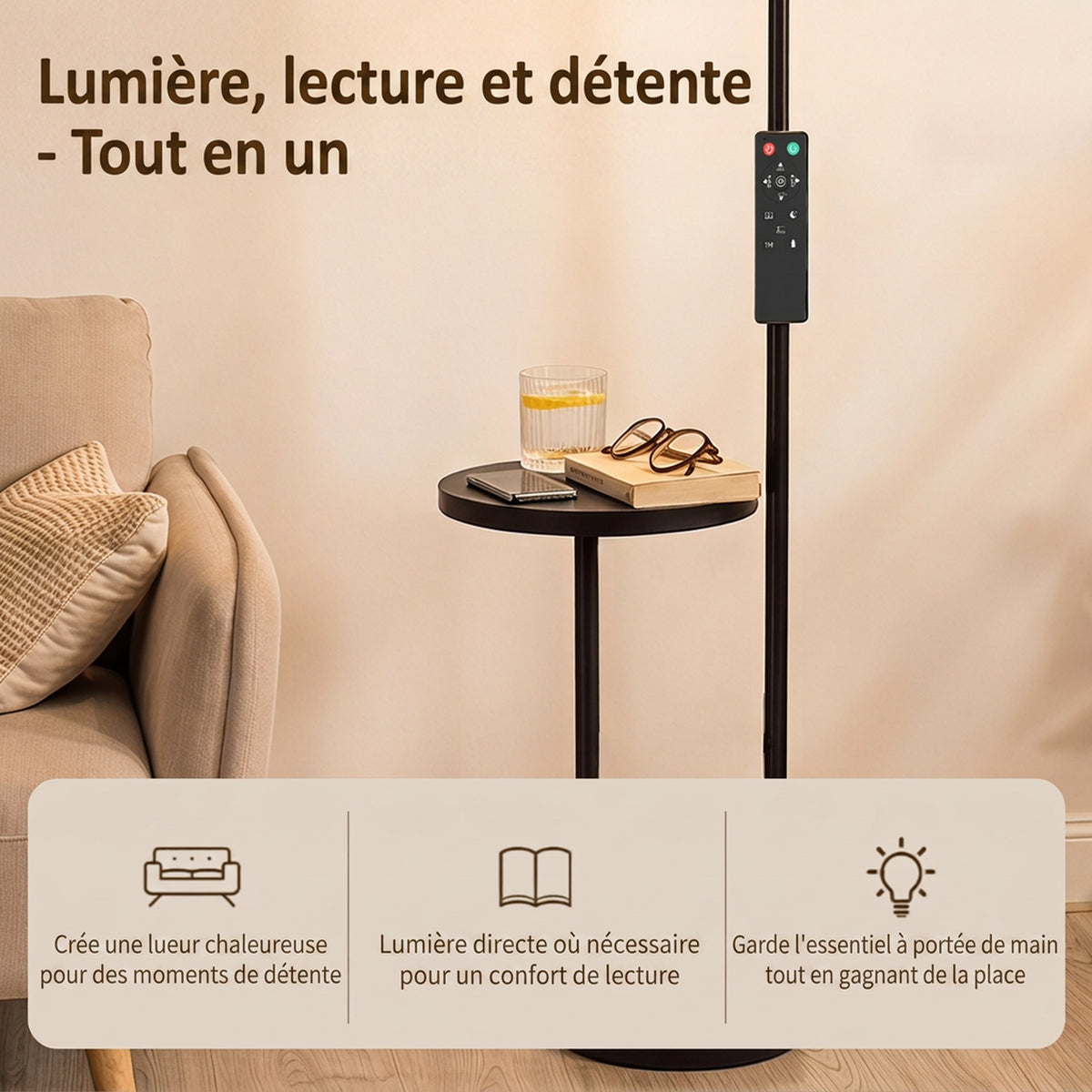 Lampadaire LED Dimmable 42W 4840LM Liseuse Réglable et Tablette Lampadaire sur Pied Salon 2700K-6000K Télécommande Noir-3