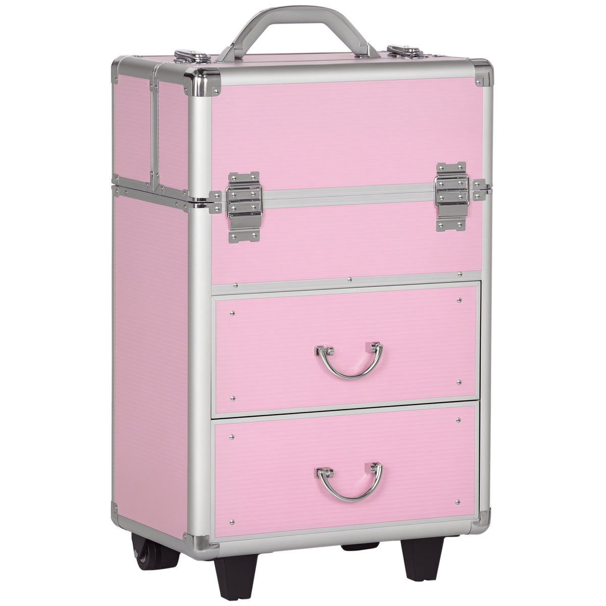 Valise trolley maquillage mallette cosmétique vanity poignée télescopique réglable 36L x 23l x 58H cm alu ABS rose-0