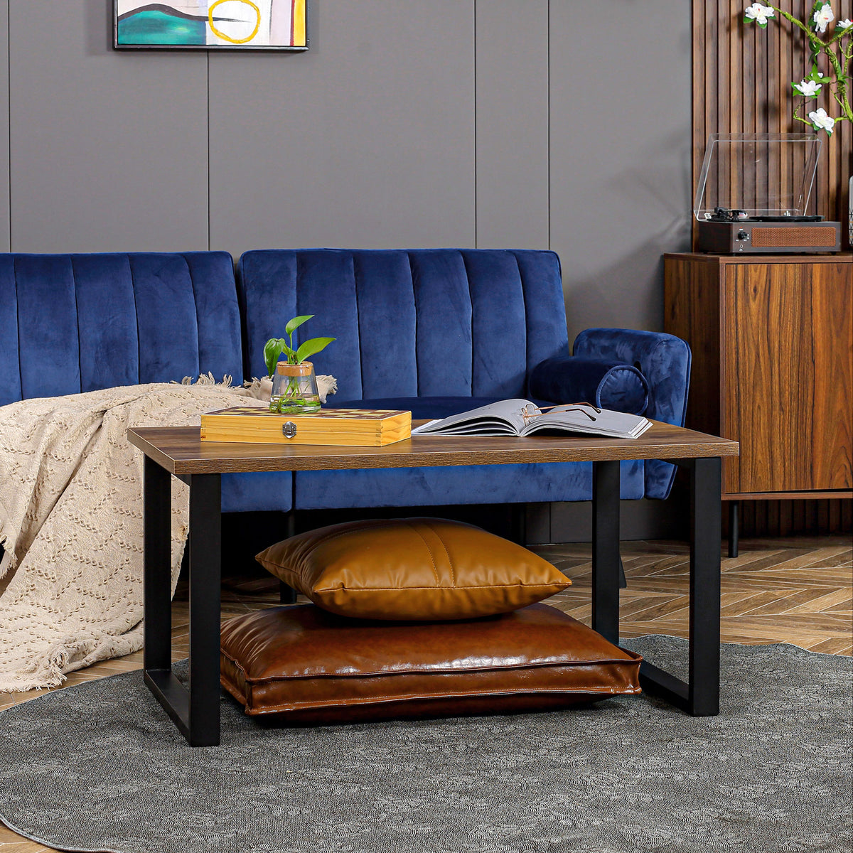 Table basse rectangulaire table de salon style industriel pied métal et plateau aspect bois 100 x 60 x 50 cm-1