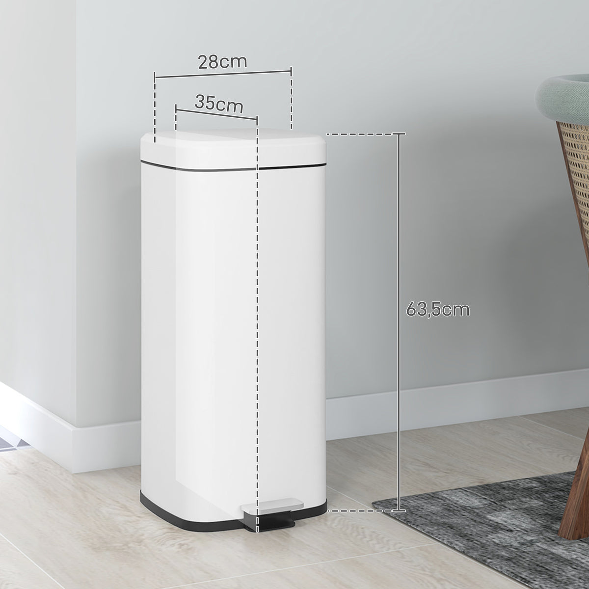 Poubelle de cuisine 30L avec couvercle à fermeture douce et pédale, seau intérieur amovible, 28L x 35l x 63,5H cm, blanc-2