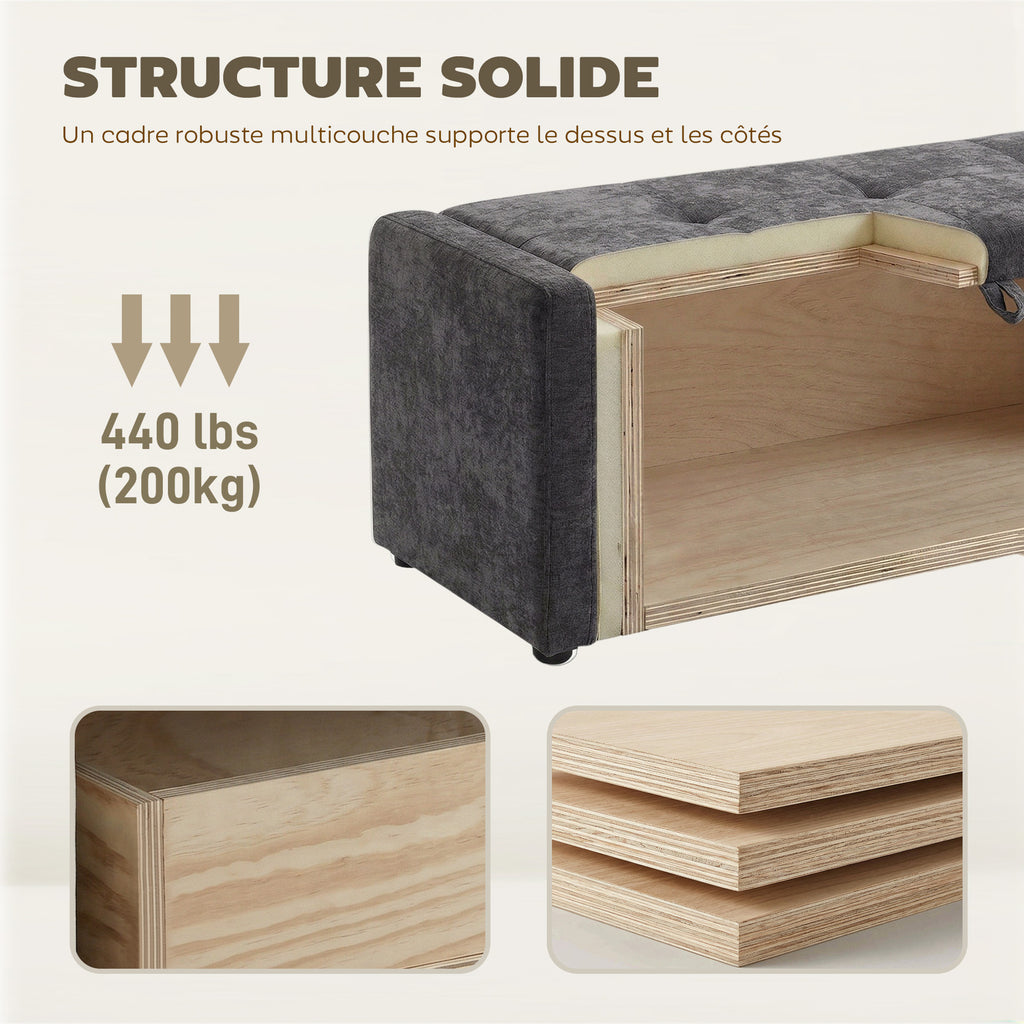 Banc de rangement, bout de lit, repose-pieds rembourré en lin avec assise large, 122 x 48 x 44 cm, gris foncé-5