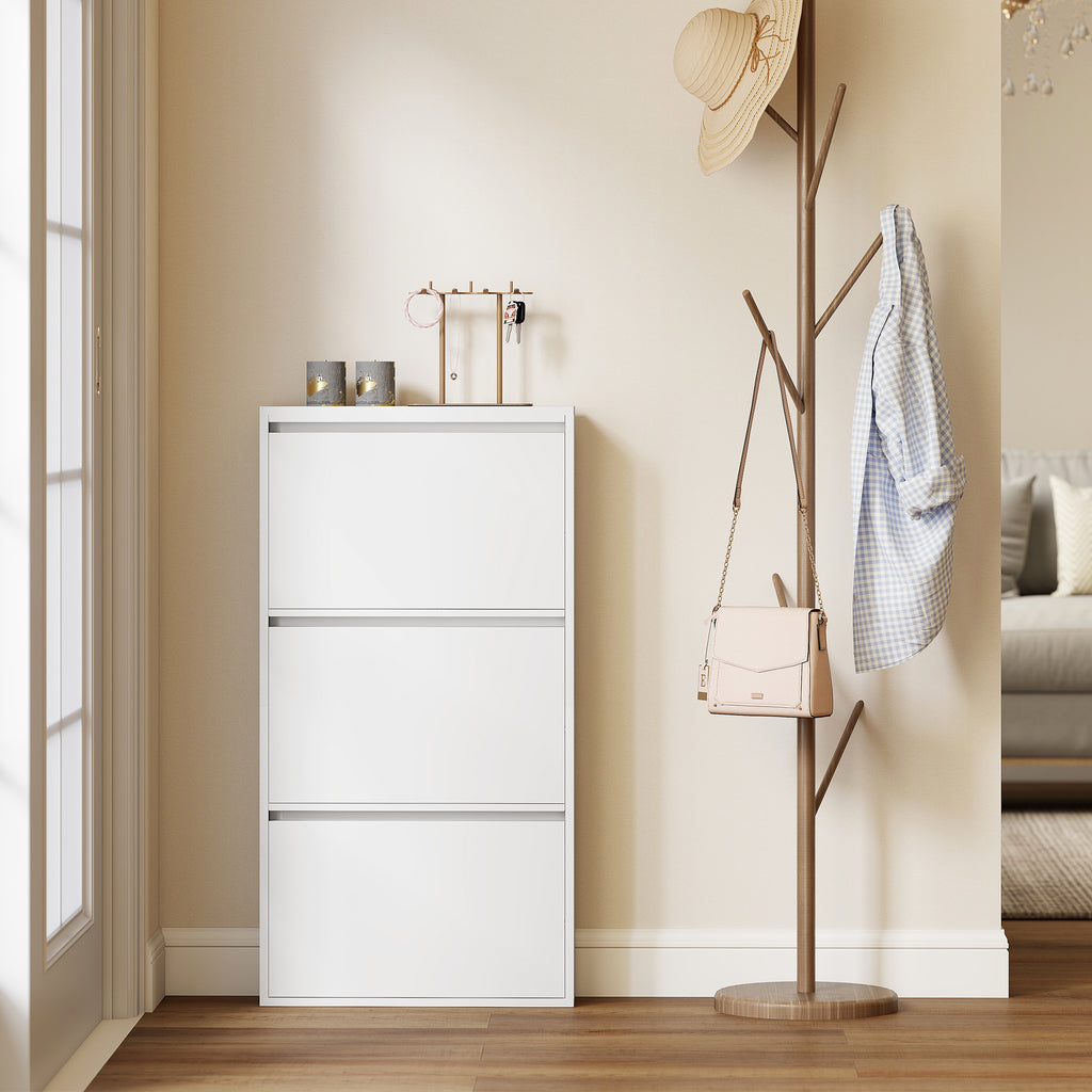 Meuble à Chaussures en Métal 6 Paires, Armoire à Chaussures Étroite avec 3 Tiroirs Rabattables, 55x15x105,5cm, Blanc-9
