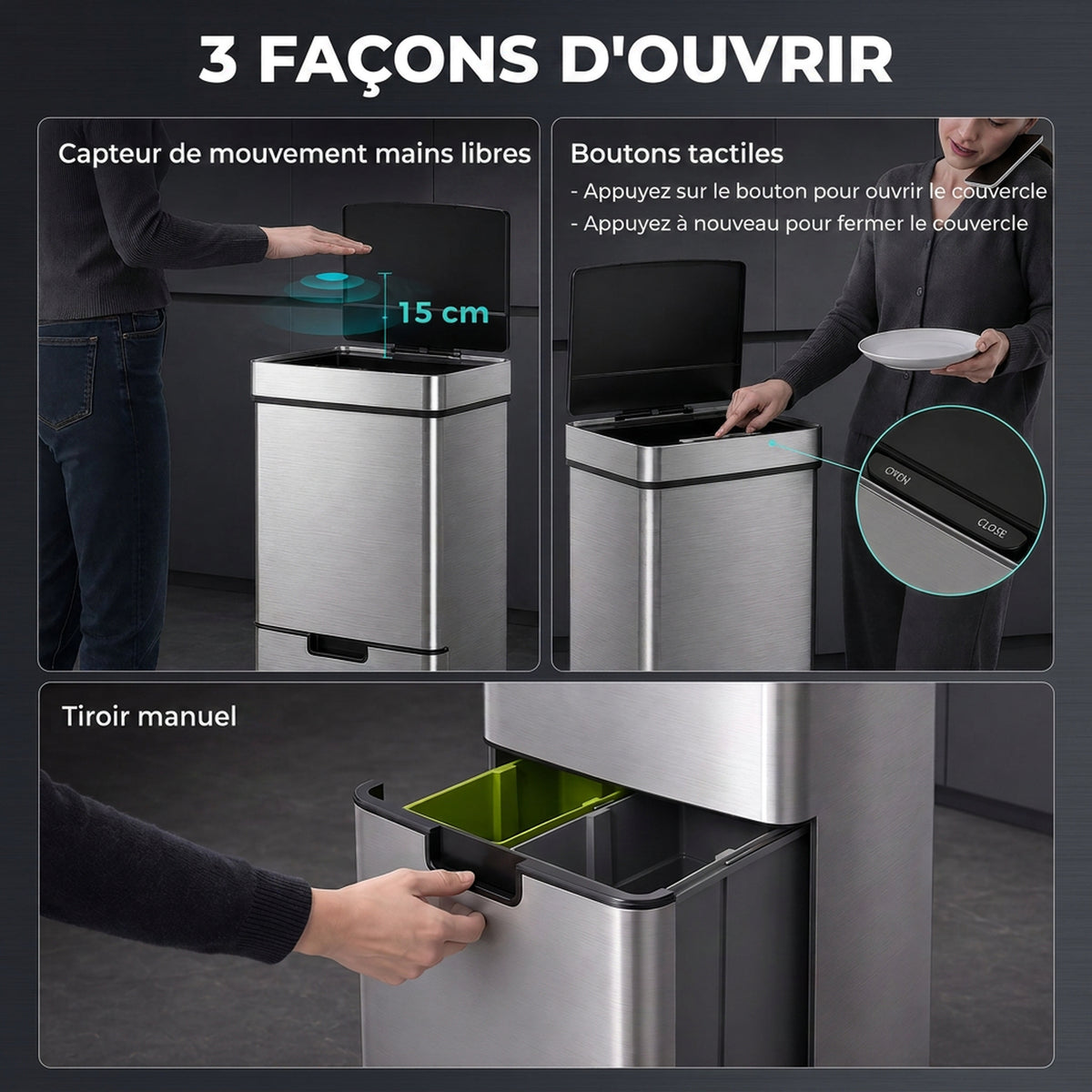 Poubelle à capteur de mouvement ouverture automatique 3 compartiments capacité 72L design 42 x 30 x 81 cm-3