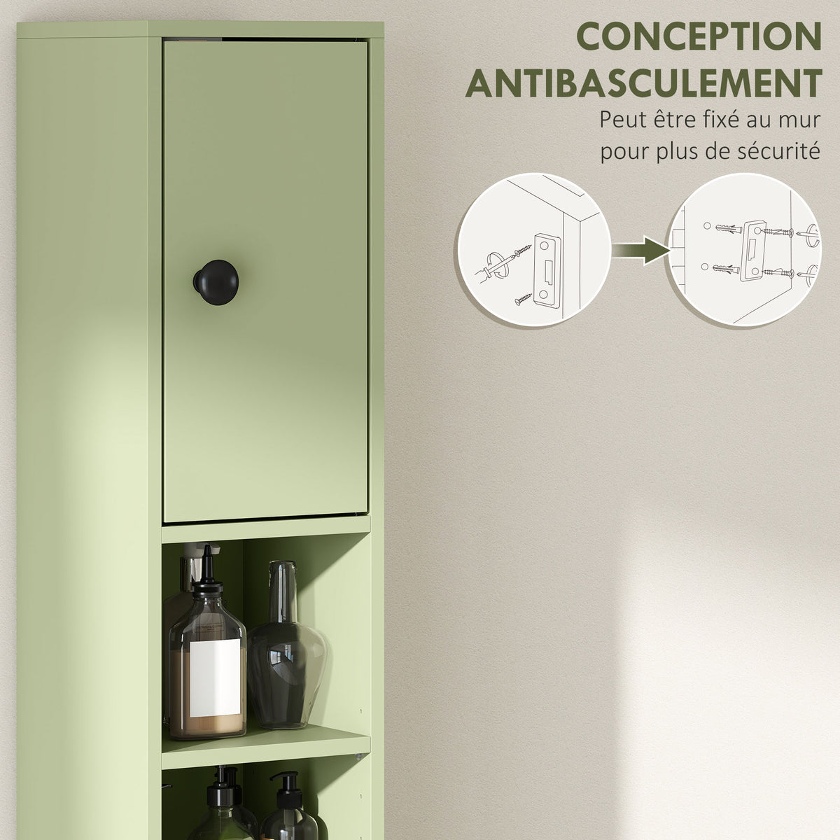 Colonne de rangement armoire haute pour salle de bain 1 tiroir 4 étagères réglables et 2 placards 20 x 20 x 180 cm vert-4