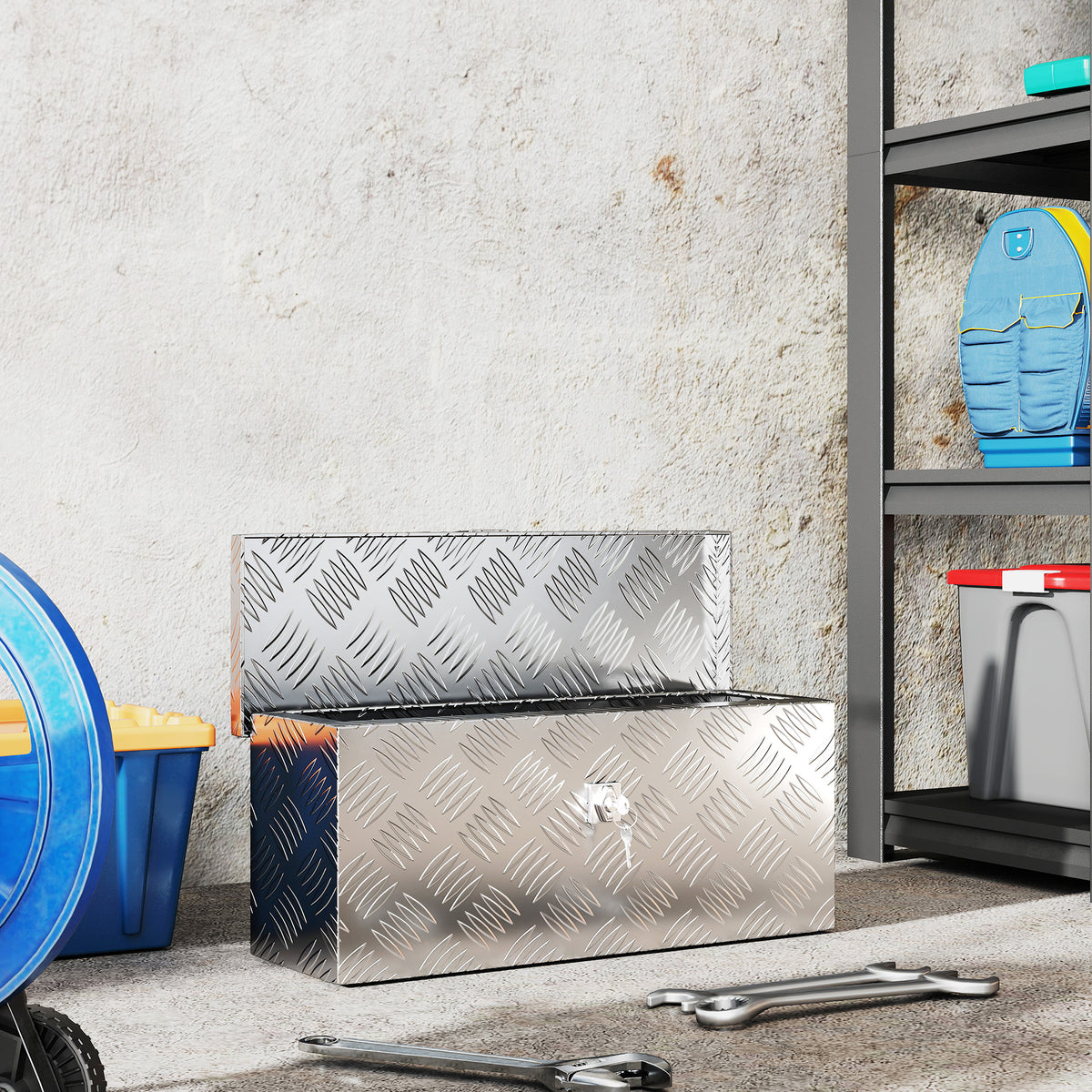 Boîte de rangement - boîte à outils en aluminium - caisse à outil alu. verrouillage clé dim. 50L x 15,5l x 20,5H cm - argent-6