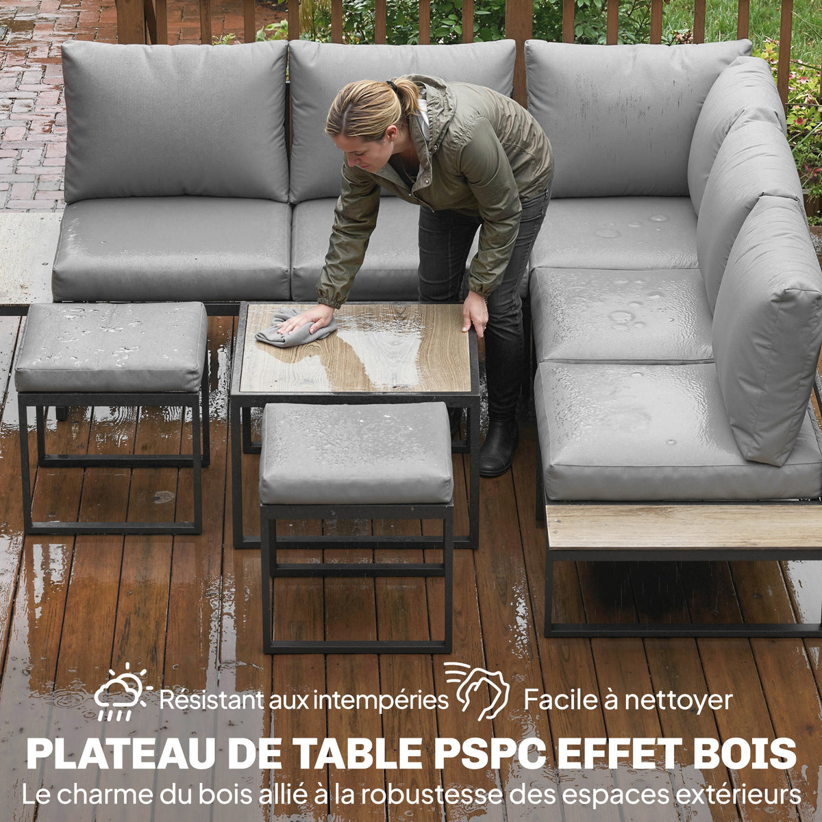 Salon de jardin extérieur 6 personnes modulable table basse et plateaux latéraux en bois PSPC coussins épais 10cm gris-6