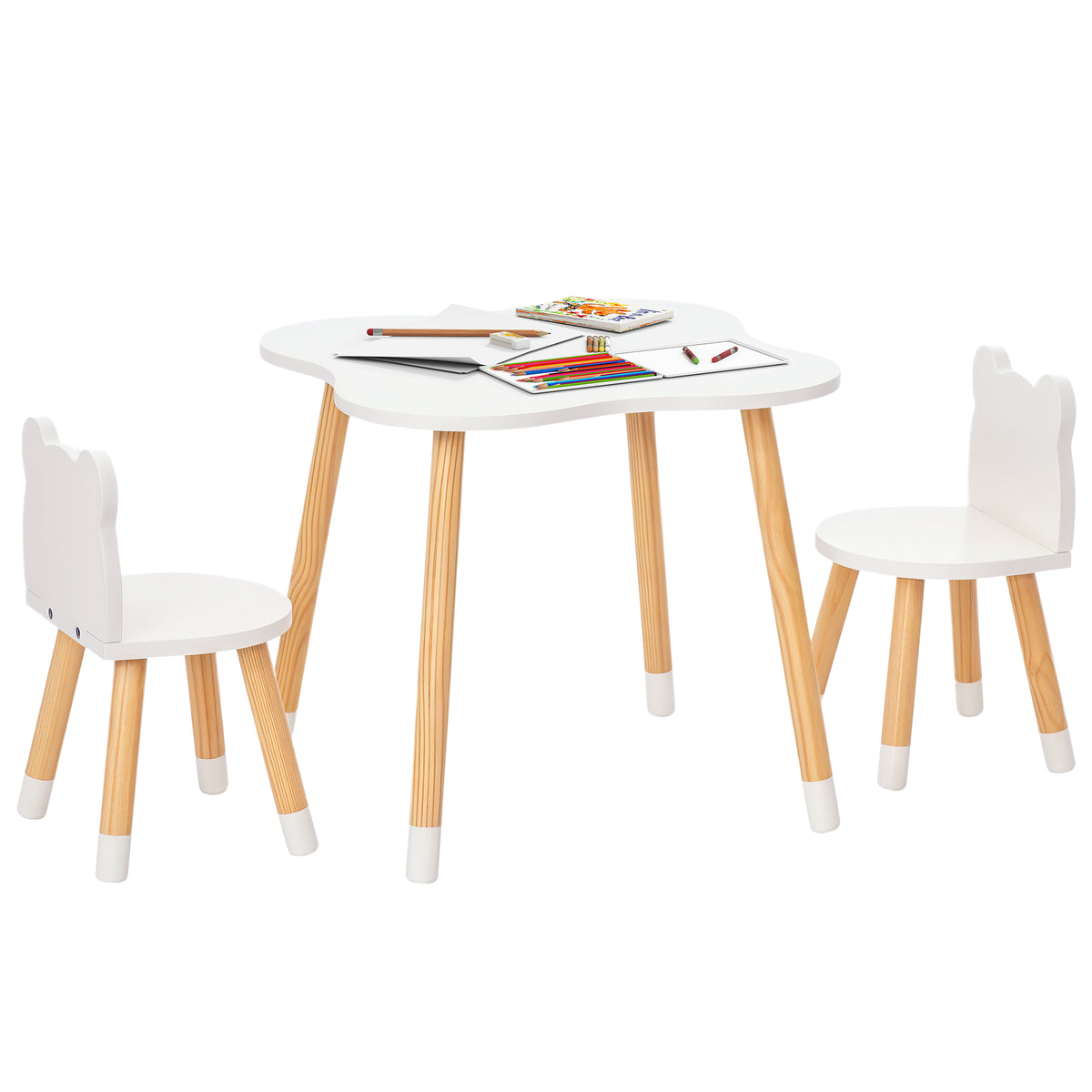 Ensemble table et chaises enfant design scandinave motif ourson bois pin MDF blanc-0