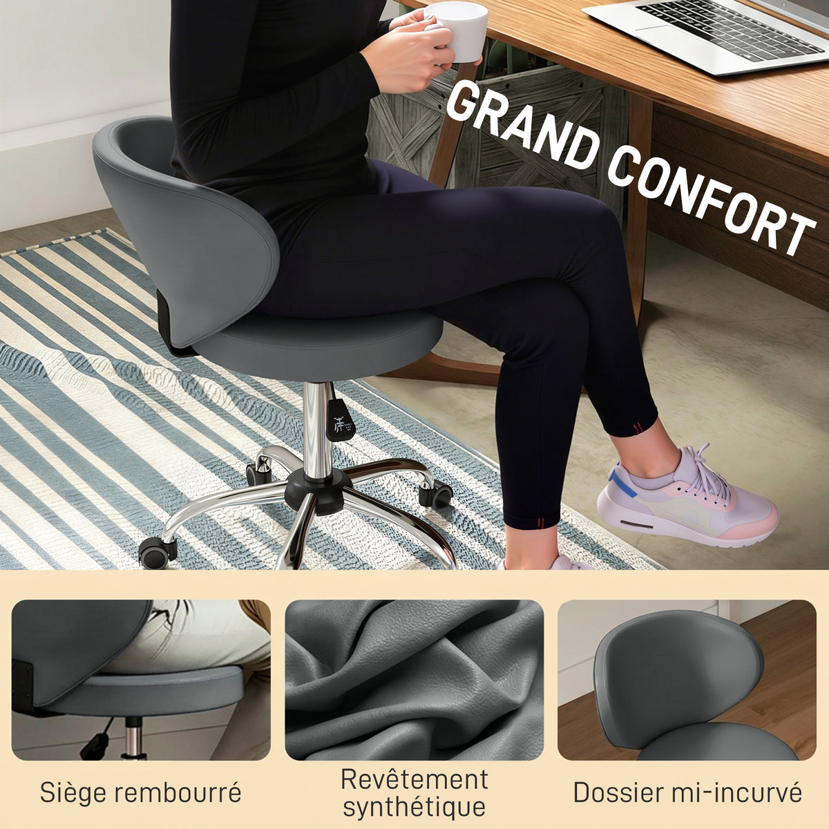 Tabouret à roulettes, tabouret de massage en PU avec hauteur réglable 73-88 cm et dossier, pivotant 360°, gris-4