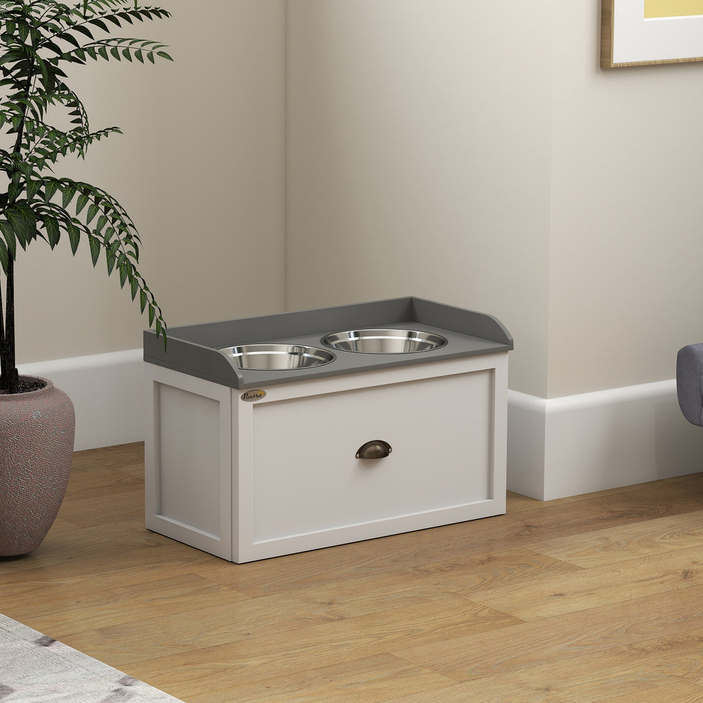 Gamelle double chien chat - porte-gamelles surélevé rangement 2 en 1 - tiroir, 2 gamelles - acier inox. MDF blanc gris-7