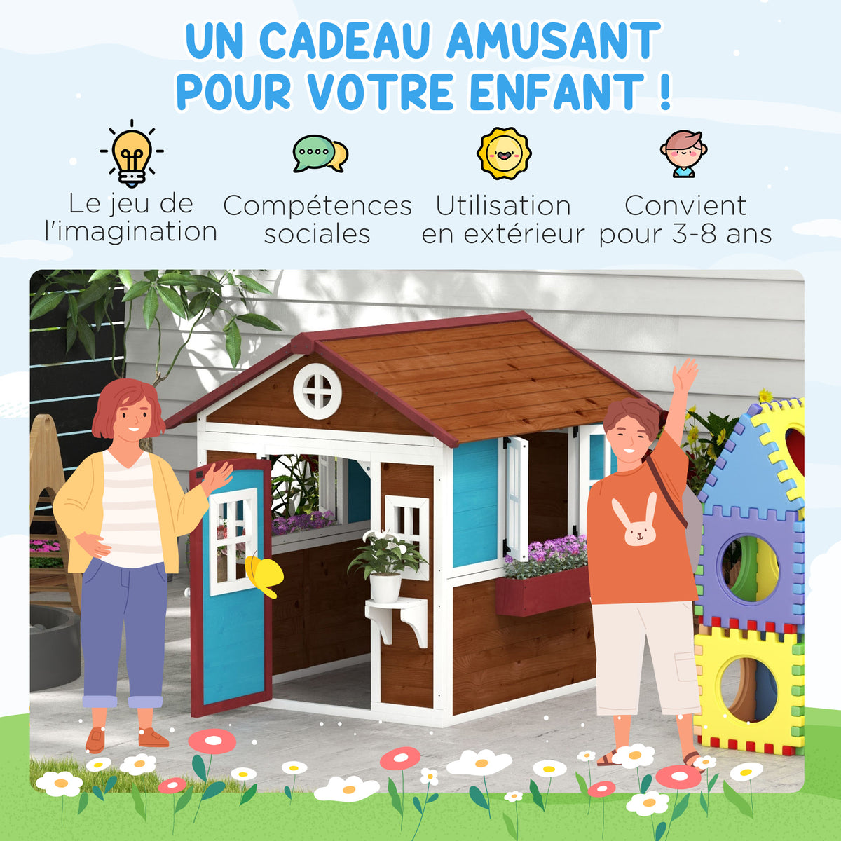 Cabane enfant extérieur maison enfant extérieure avec porte fenêtres et jardinières 114 x 126,4 x 135 cm Marron-5