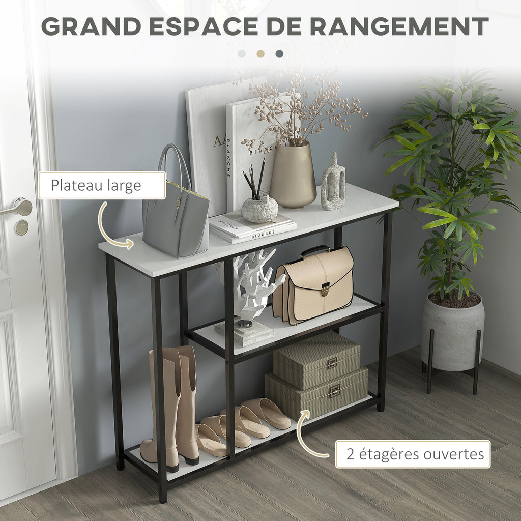 Console meuble 100 cm, table console 3 niveaux, plateaux en effet marbre, cadre en acier, blanc-3