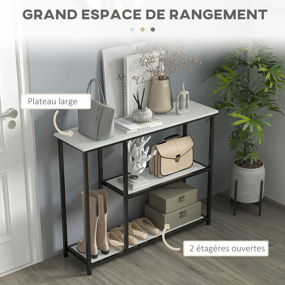 Console meuble 100 cm, table console 3 niveaux, plateaux en effet marbre, cadre en acier, blanc-3