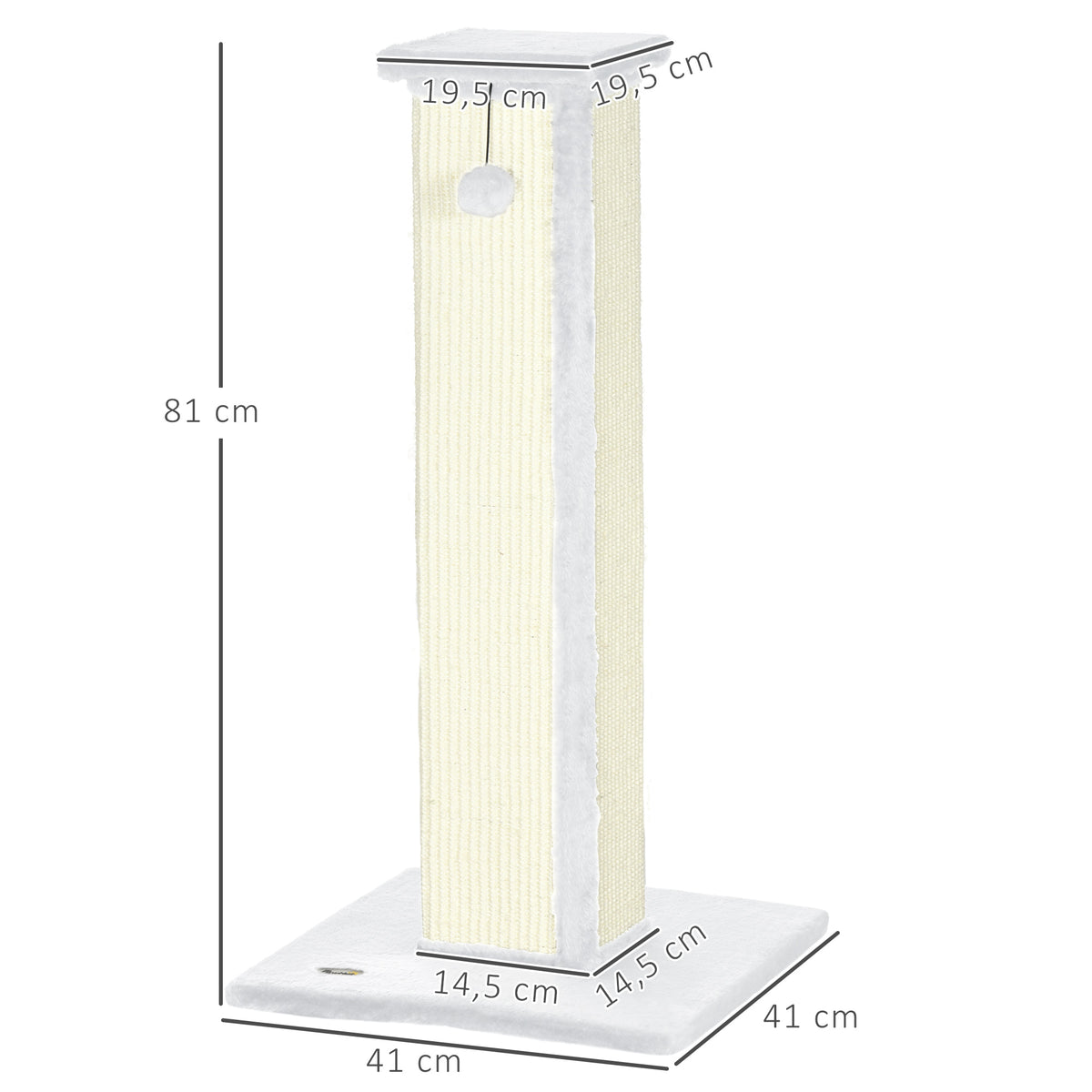 Griffoir pour chat poteau griffoir chat en sisal et peluche, boule suspendue base stable 41 x 41 x 81 cm blanc et crème-2