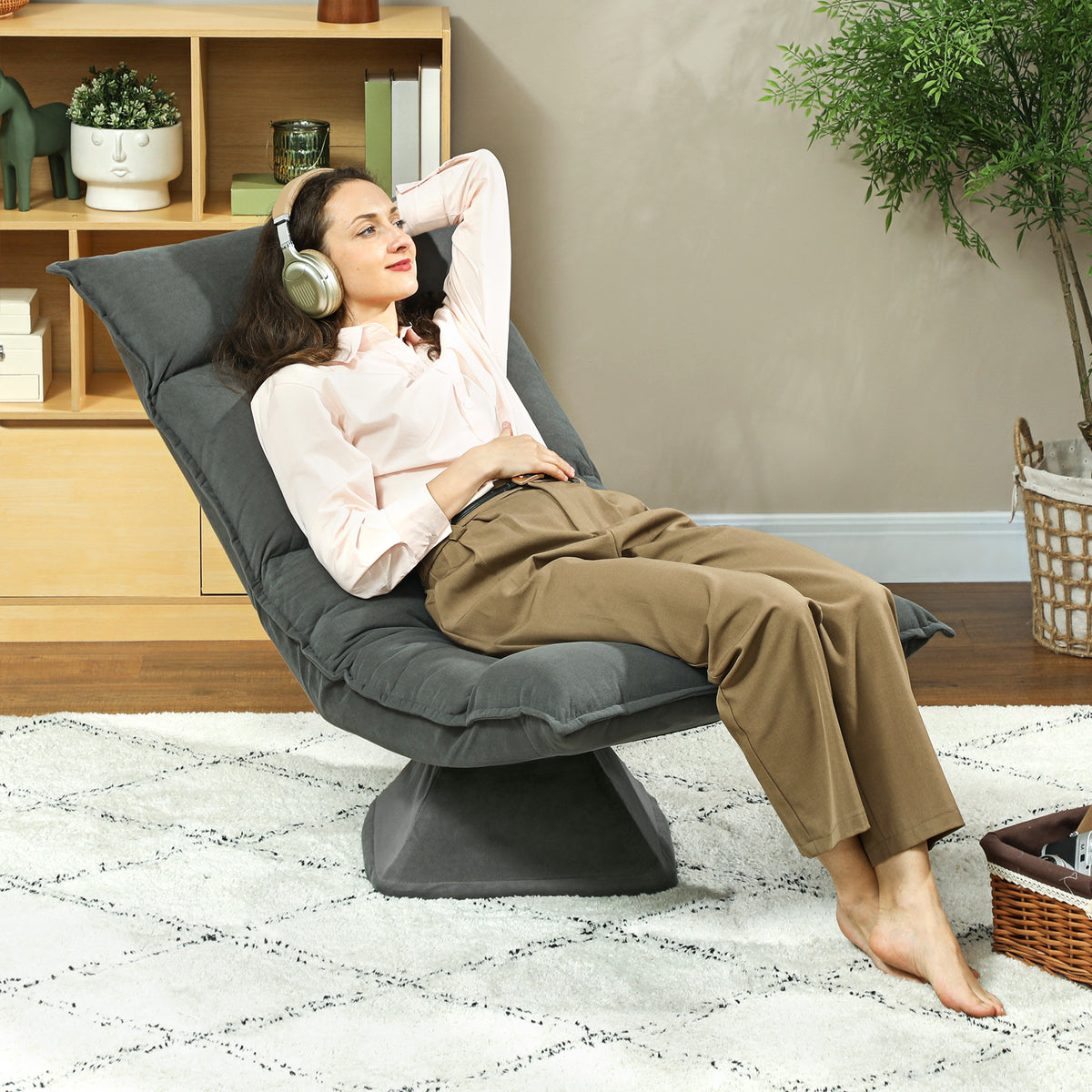 Chaise de sol pivotante à 360°, fauteuil pliable en velours avec dossier réglable 5 positions, 70x62x95cm, gris foncé-1