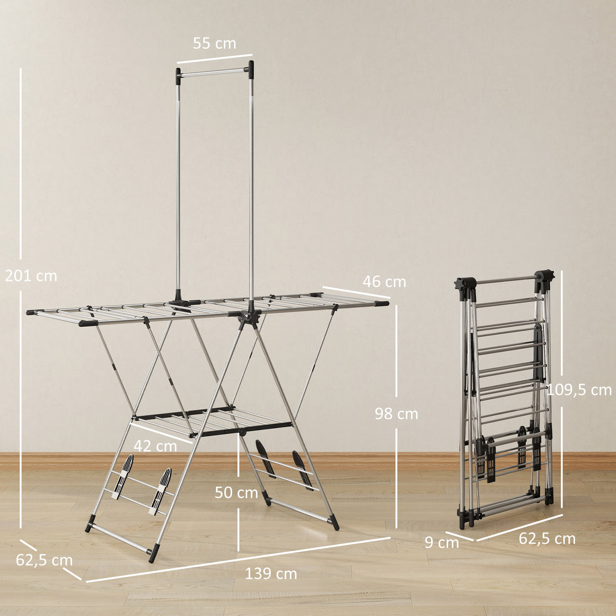 Séchoir à linge étendoir pliable, ailes réglables 5 niveaux, 4 supports à chaussures, acier inoxydable, argenté-2