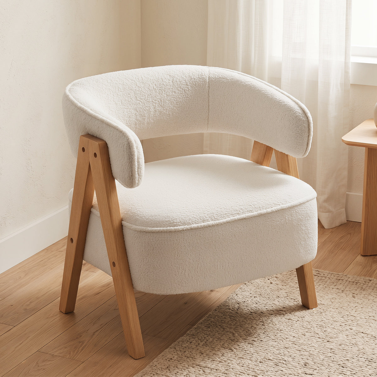 Fauteuil de salon en tissu bouclette, chaise rembourrée, assise large, dossier ergonomique, 70 x 64 x 71 cm, blanc-1