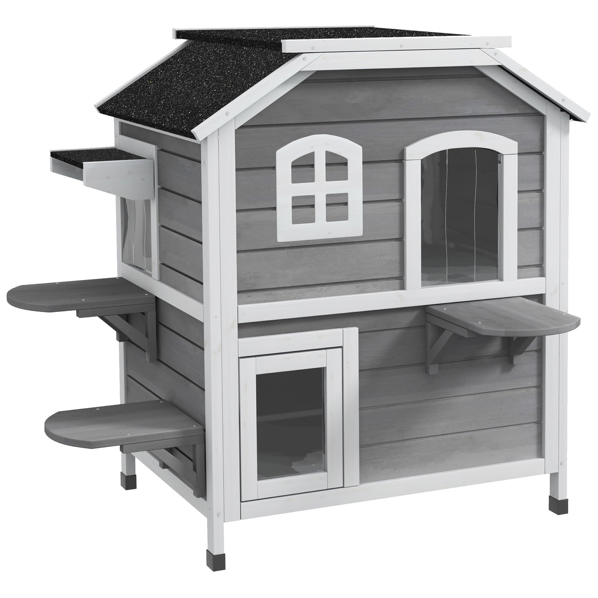 Maison Extérieur pour Chat Abri Extérieur en Bois pour Chats Errants 2 Étages Toit Ouvrant Bitumé 99,5x76x91cm Gris-0