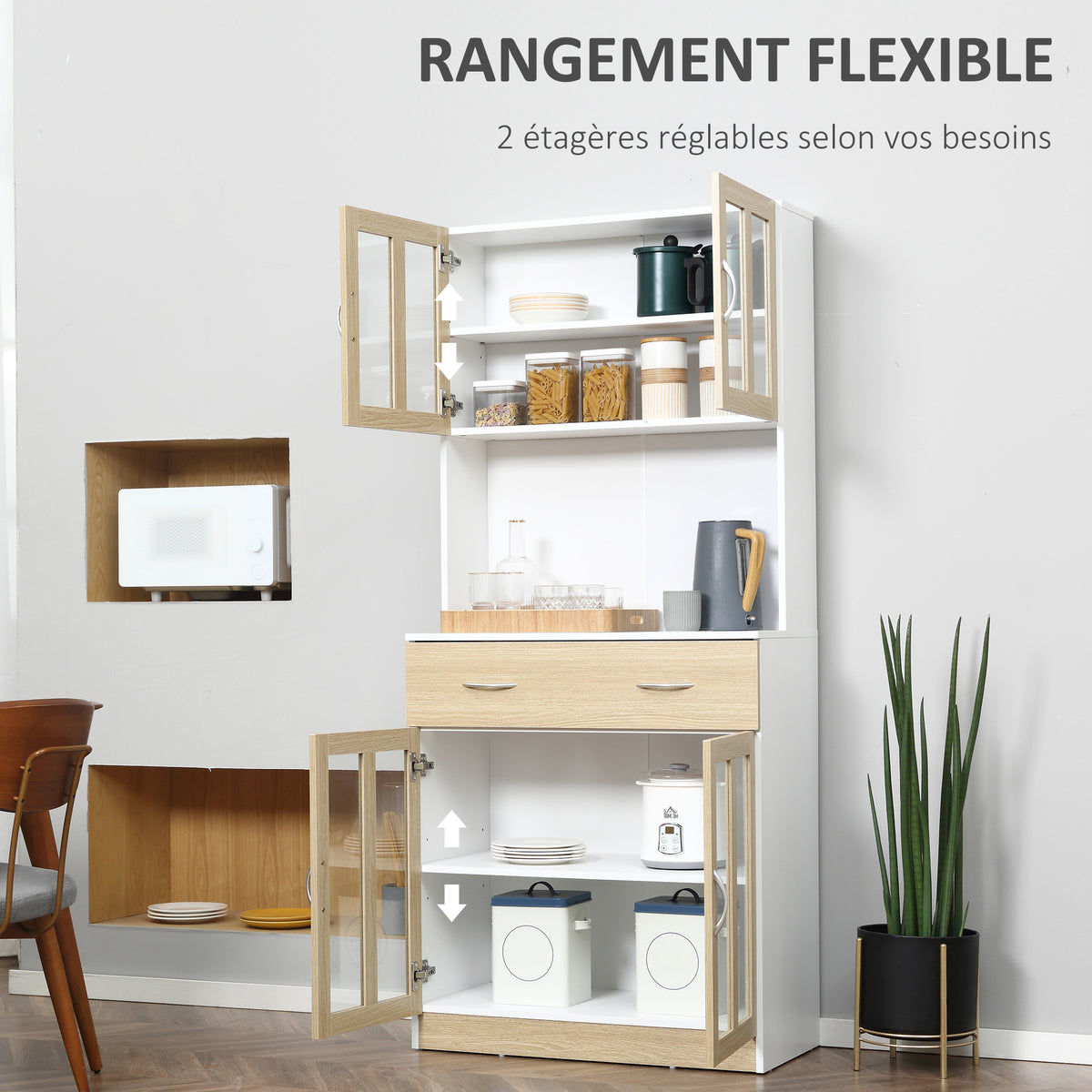Buffet haut de Cuisine Armoire de Cuisine Multi-Rangement 4 Portes vitrine Verre avec étagère tiroir Coulissant Grand Plateau en Bois Blanc Aspect chêne Clair-4