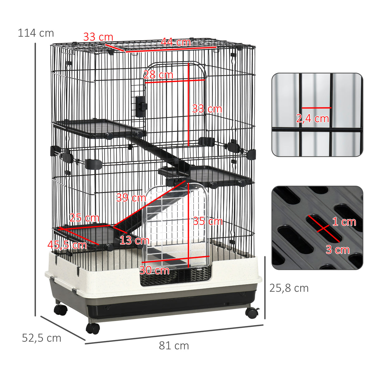 Cage pour petits animaux roulante 3 plates-formes démontables 3 rampes plateau inférieur amovible métal PP 81,2 x 52,7 x 114 cm noir-2