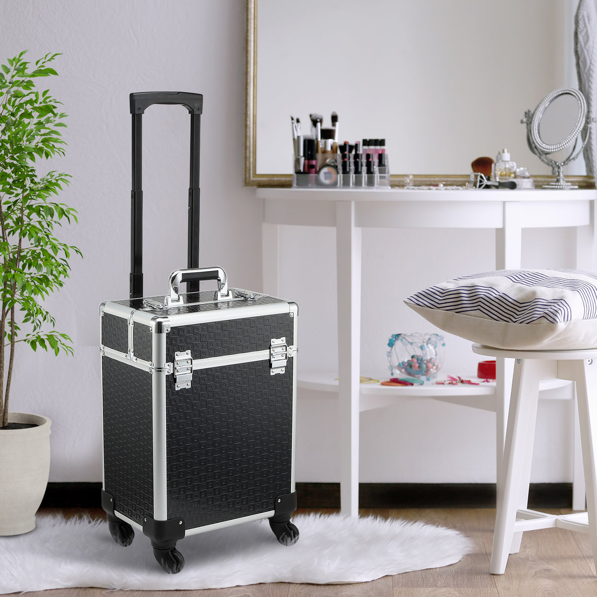Valise trolley maquillage mallette cosmétique vanity poignée télescopique réglable 34L x 24l x 52H cm alu. noir-1