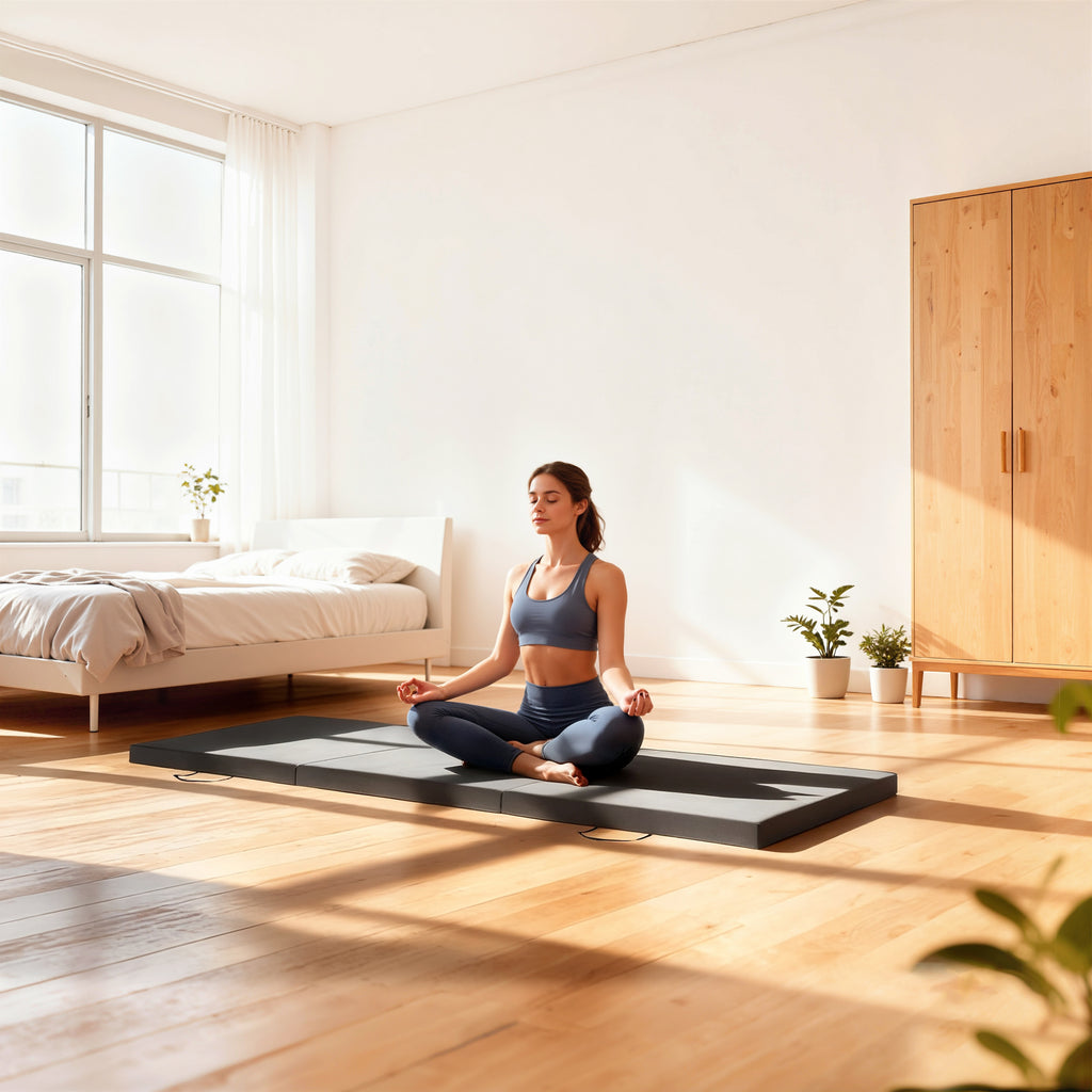 Tapis de gymnastique yoga pilates fitness pliable en 3 panneaux avec poignées revêtement synthétique 180 x 60 x 5cm gris-5