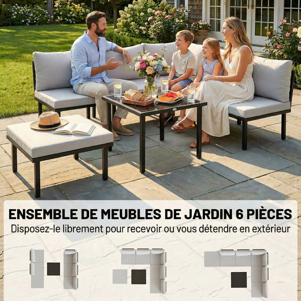 Salon de jardin extérieur d'angle modulable 6 personnes, table basse avec plateau en verre trempé, gris clair-3