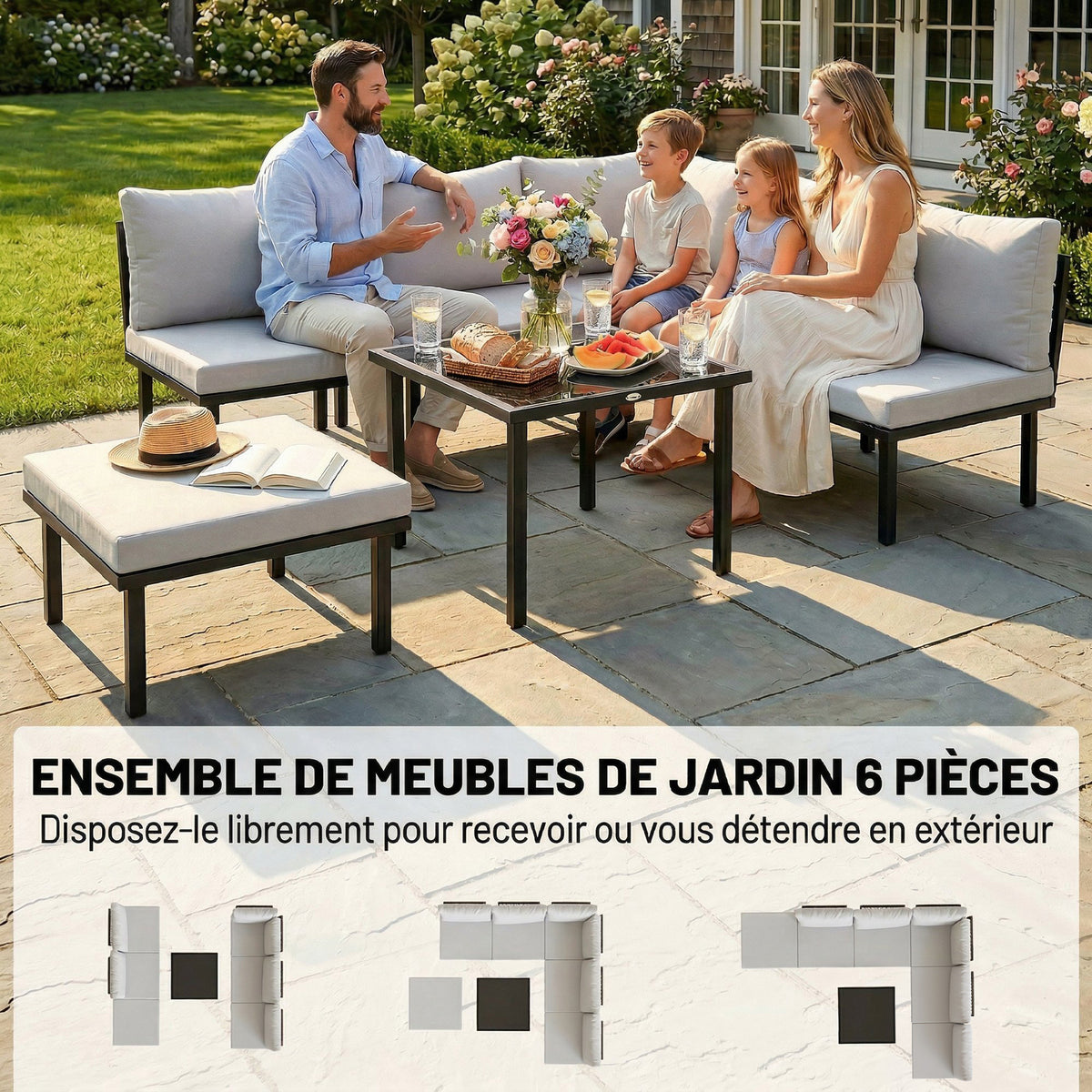 Salon de jardin extérieur d'angle modulable 6 personnes, table basse avec plateau en verre trempé, gris clair-3