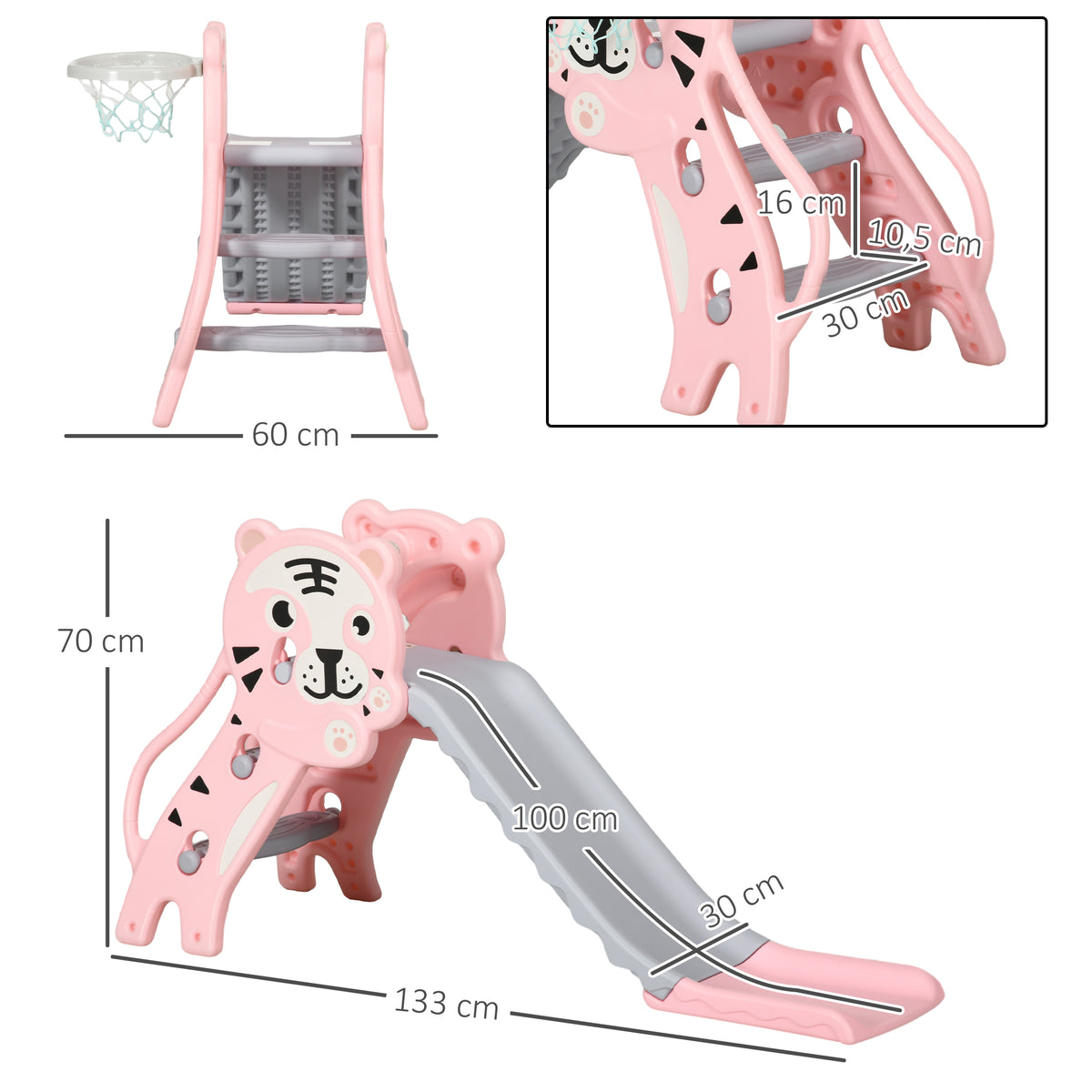 Toboggan pour enfants, toboggan intérieur pour enfants, avec panier de basket, thème tigre, de 18 à 36 mois, rose-2