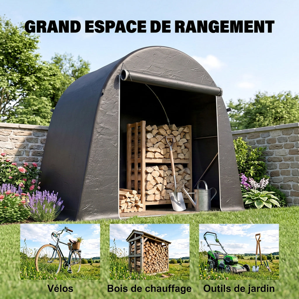 Abri de jardin tente de stockage étanche abri moto porte enroulable fermeture éclair, 245 x 120 x 200 cm, gris foncé-4