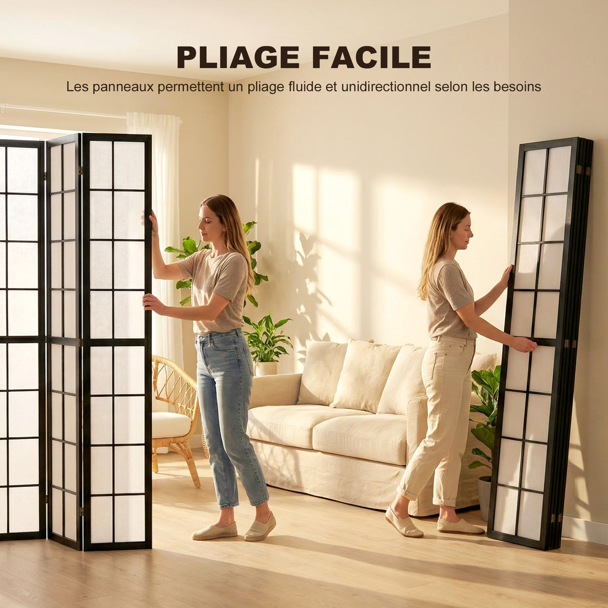 Paravent interieur pliable 4 panneaux 160 x 170 cm séparateur de pièce pour salon chambre à coucher maison, noir-4