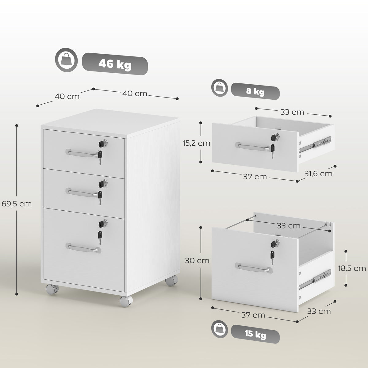 Caisson de Bureau Mobile avec 3 Tiroirs Verrouillables, Caisson de Rangement sur Roulettes, 40 x 40 x 69,5 cm, Blanc-2