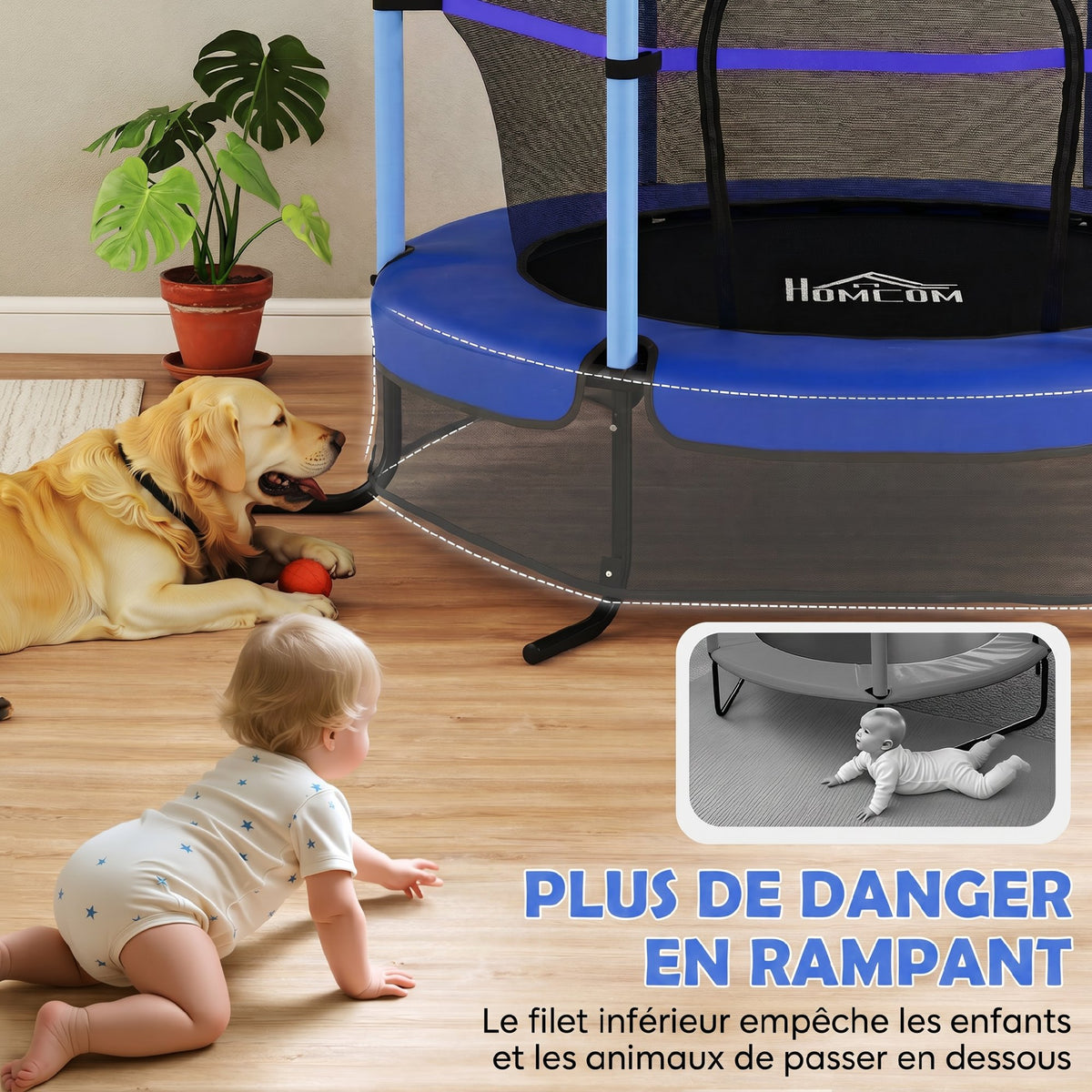 Trampoline Enfant Ø 1,63 × 1,9H m Filet de sécurité Porte zipée Couvre-Ressorts 6 poteaux rembourrés Inclus Bleu-4