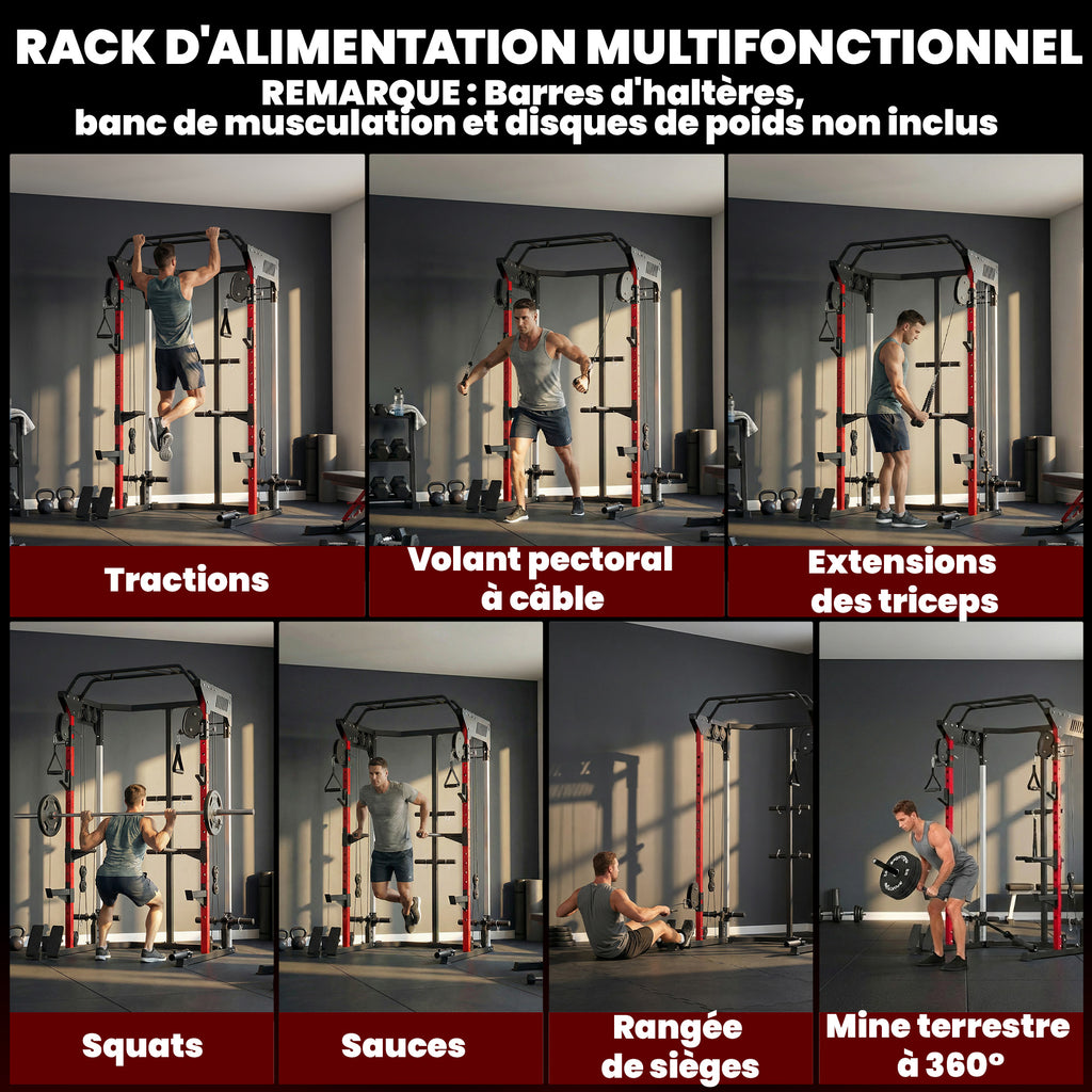 Station de Musculation Power Rack 900kg Double Poulie Réglable 19 Niveaux Home Gym Complet pour Entraînement Force Noir-3