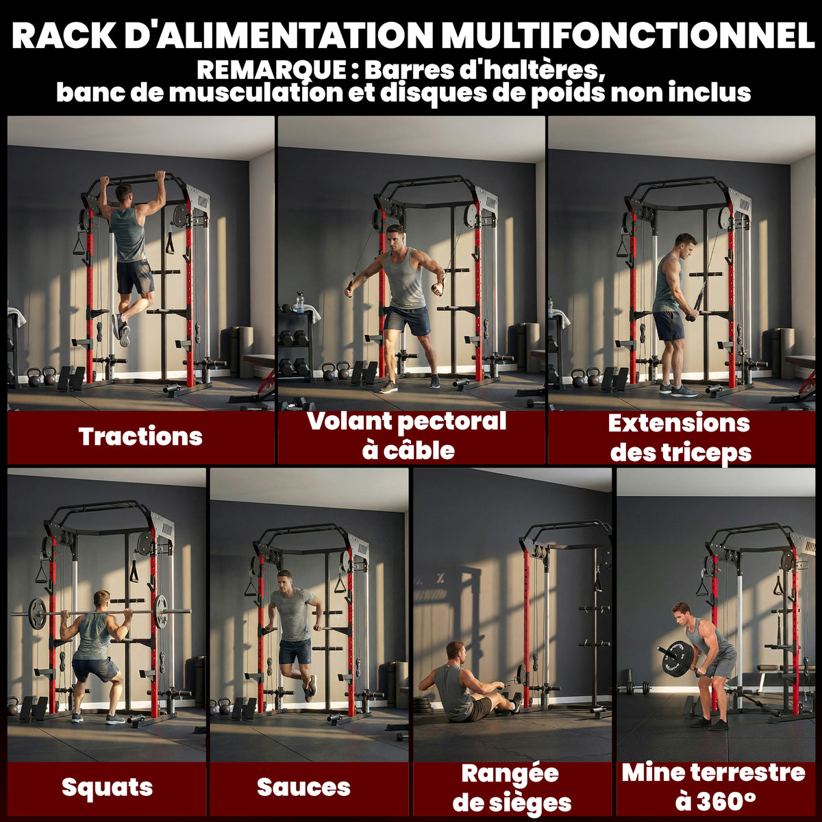Station de Musculation Power Rack 900kg Double Poulie Réglable 19 Niveaux Home Gym Complet pour Entraînement Force Noir-3