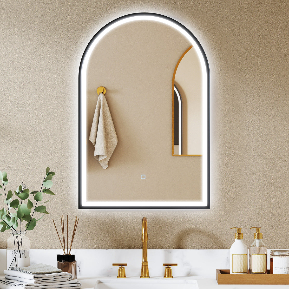 Miroir Salle de Bain avec Éclairage 60 x 90 cm, Miroir LED Arqué, Anti-Buée, 3 Couleurs Lumière, Dimmable, Mémoire, Noir-1