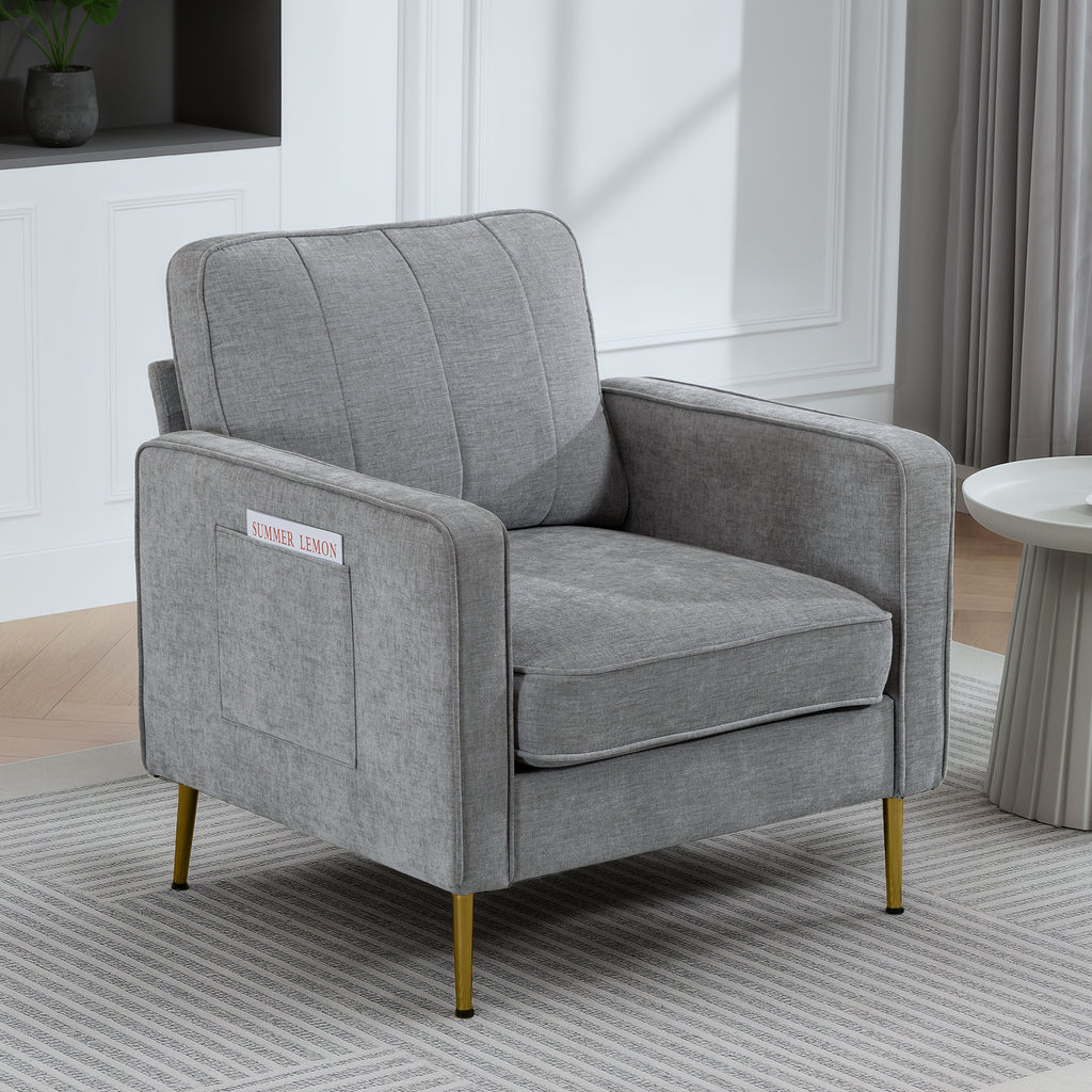 Fauteuil en tissu avec pieds en acier doré, grand confort, pochettes latérales, pour salon, bureau, chambre, gris-9