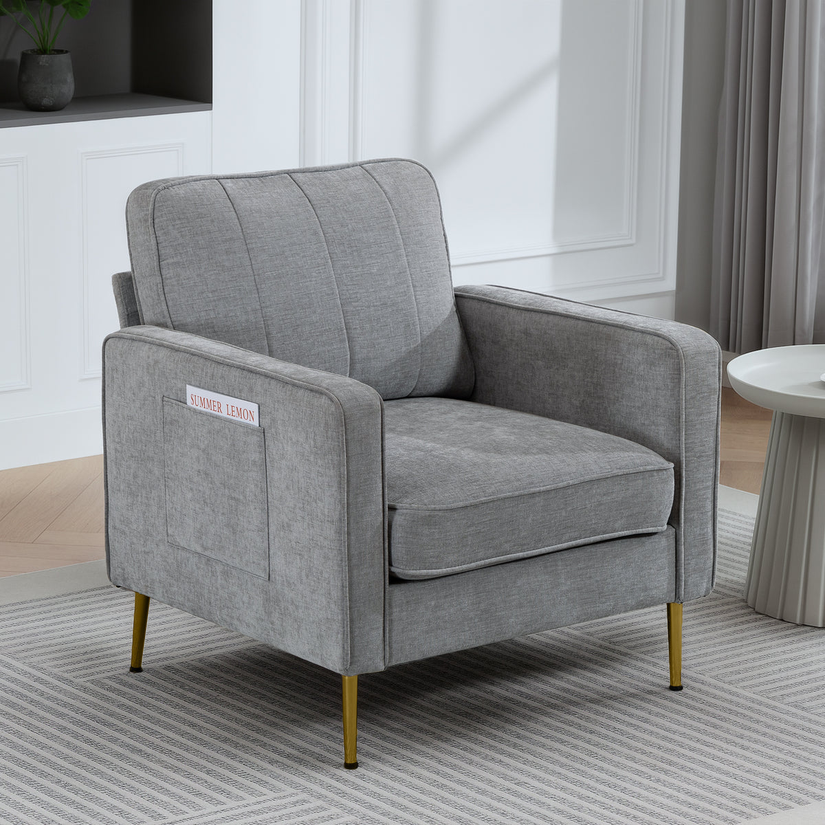Fauteuil en tissu avec pieds en acier doré, grand confort, pochettes latérales, pour salon, bureau, chambre, gris-9