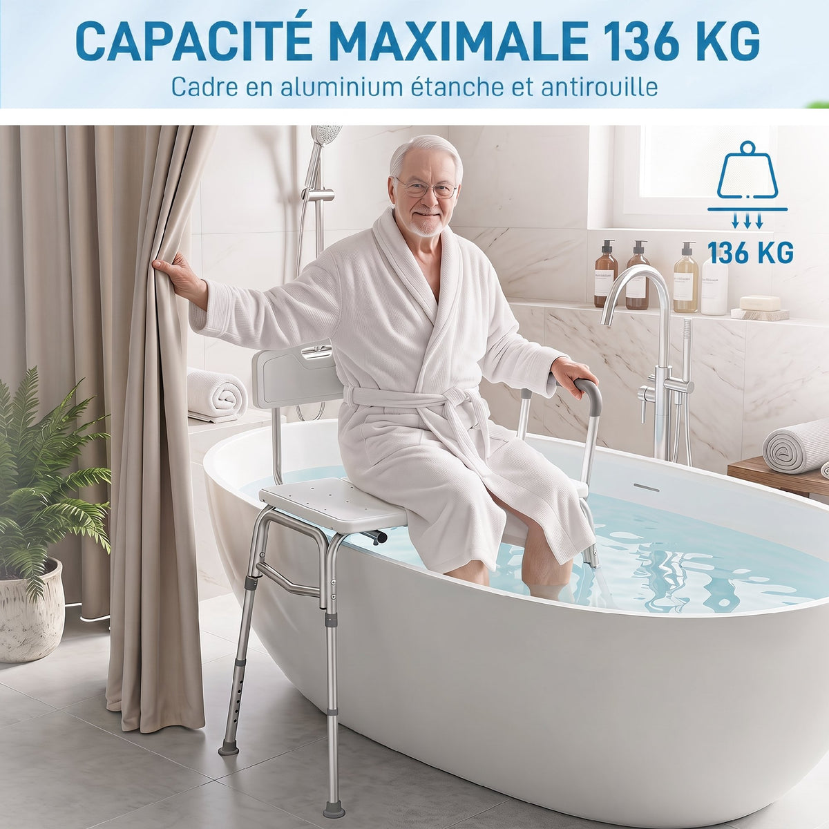 Banc de Transfert Baignoire, Hauteur Réglable à 10 Niveaux, Large Assise, Dossier, Accoudoir, 86x60x89-101cm, Blanc-6