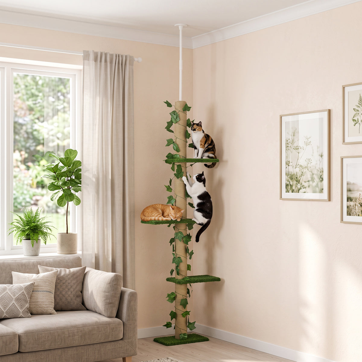 Arbre à chat poteau à griffer fixation plafond hauteur réglable 37 x 21 x 202- 242 cm 4 niveaux vert-8