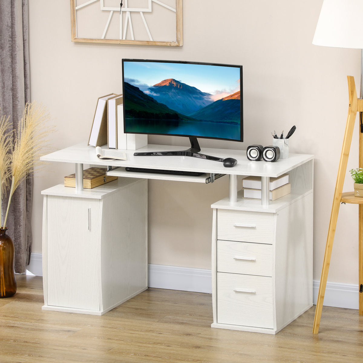 Bureau d'ordinateur, bureau informatique 120 x 55 cm avec plateau pour clavier, 3 tiroirs, pour chambre, domicile, blanc-9