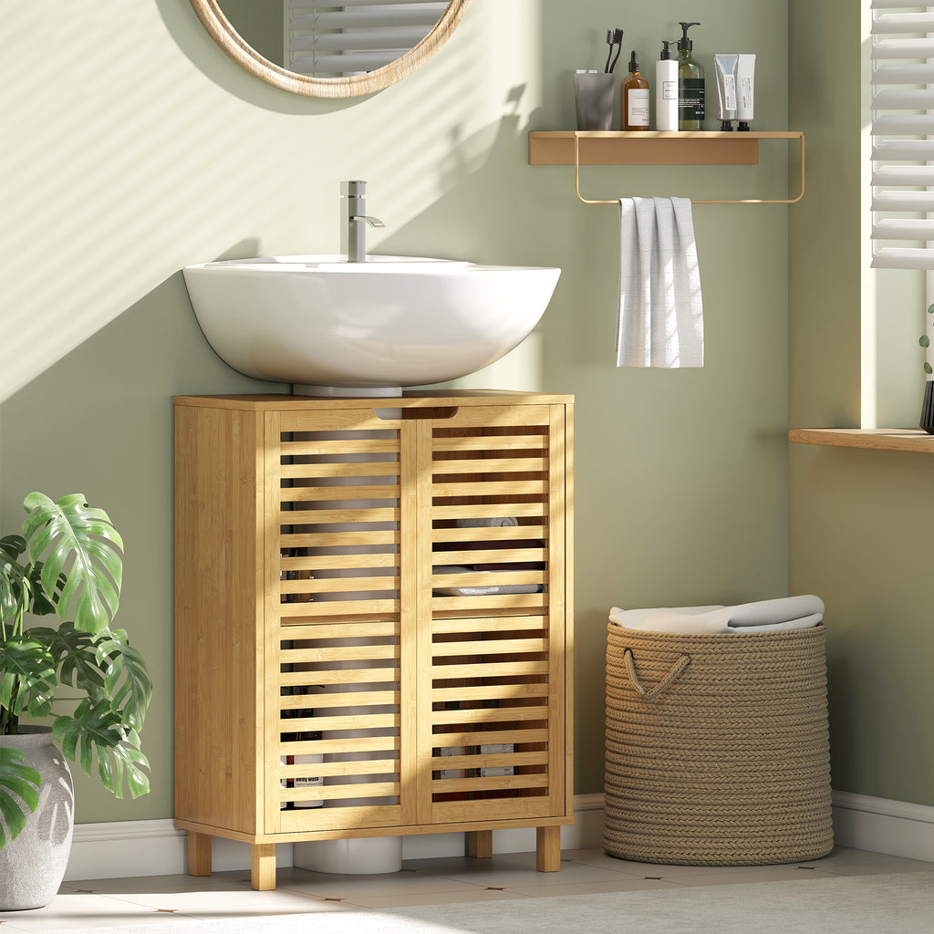 Meuble sous Lavabo en Bambou, Meuble de Salle de Bain avec 2 Portes Persiennes, Étagère Réglable, Bois Naturel-1