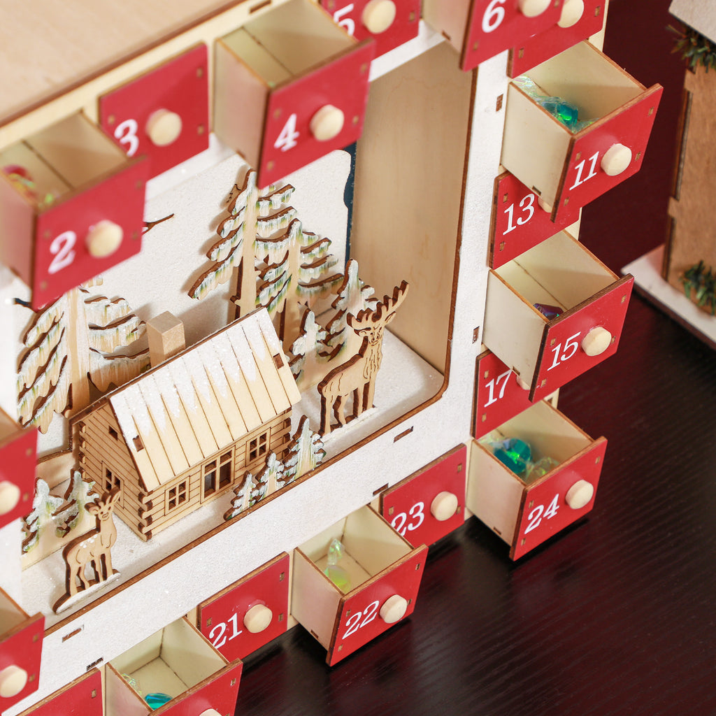 Calendrier de l'Avent LED, décorations de Noël en bois, 24 tiroirs à remplir, décoration lumineuse, rouge-6