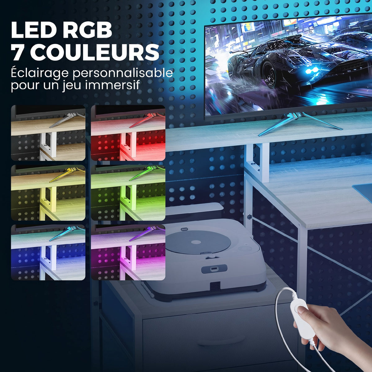 Bureau d'angle avec prises et lumières LED RGB, bureau d'ordinateur, 172 x 100 cm, support d'écran, 2 tiroirs, blanc-4