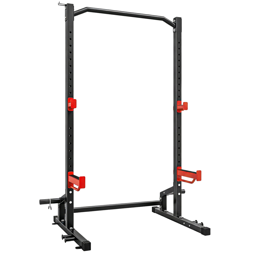 Power Tower Multifonction Charge 500 kg, Barre de Traction, Rack de Squat, Supports pour Disques, 157x105x205cm, Rouge-0