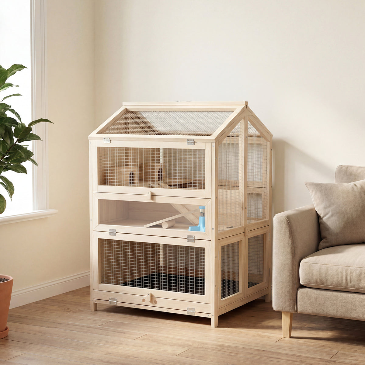 Cage Hamster 3 Étages en Bois avec Bac Amovible, Couvercle Ouvrant, Bascule, Cabane, Fenêtre, 68x61,5x90cm, Naturel-1