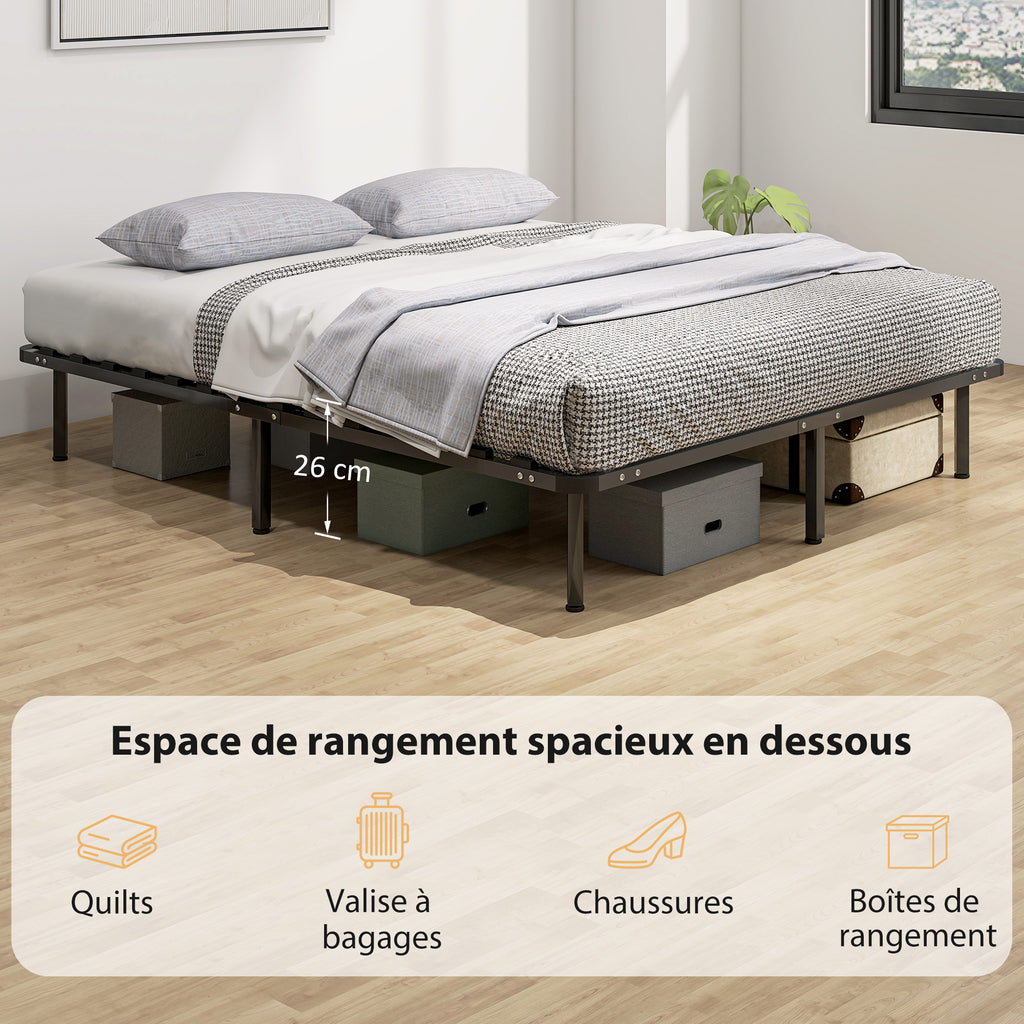 Cadre de lit 160 x 190 cm, lit 2 personnes en bois massif avec sommier à lattes et pied, rangement au-dessous, noir-4