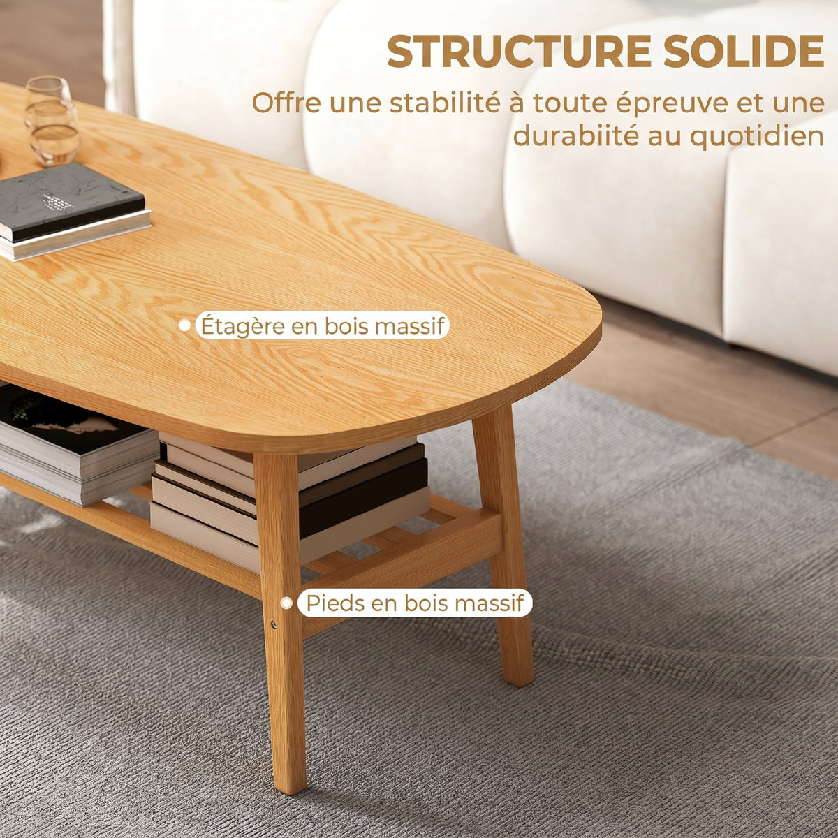 Table Basse à 2 Niveaux, Table de Salon Moderne avec Étagère Inférieure Ouverte et Pieds en Bois d'Hévéa, Bois Naturel-4