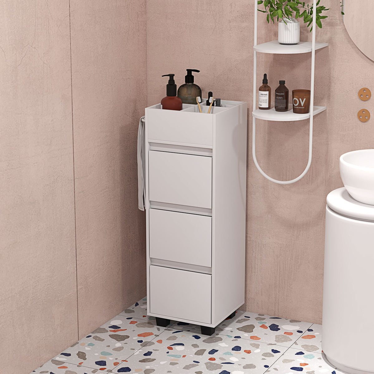 Meuble de rangement pour salle de bain avec 4 compartiments, 3 tiroirs et porte-serviettes, dim. 35 x 30 x 90 cm, blanc-6