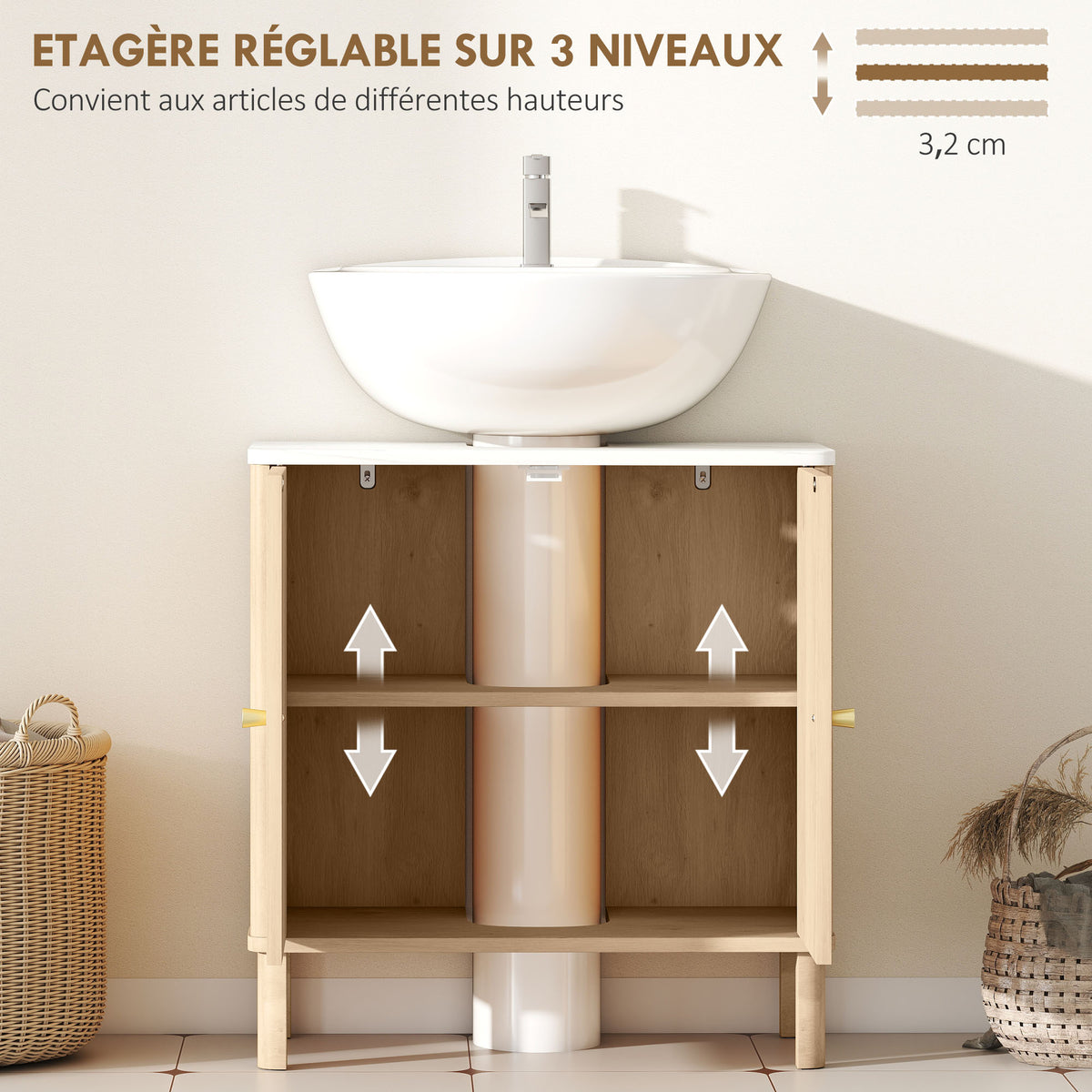 Meuble sous lavabo meuble de salle de bain sous vasque étagère réglable plan de toilette effet marbre 60x30x63cm chêne-4